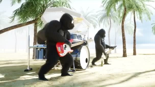 Divertidos gorilas y monos tocan la guitarra y la batería. Fiesta de rock en la playa soleada. Animación realista 4K . — Vídeo de stock