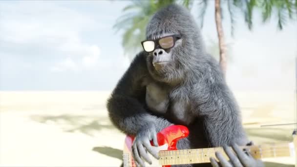 Divertidos gorilas y monos tocan la guitarra y la batería. Fiesta de rock en la playa soleada. Animación realista 4K . — Vídeo de stock