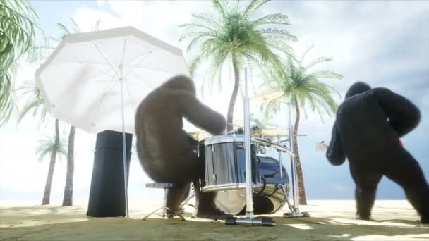 Lustige Gorillas und Affen spielen auf Gitarre und Schlagzeug. Rockparty am sonnigen Meer. realistische 4k-Animation. — Stockvideo