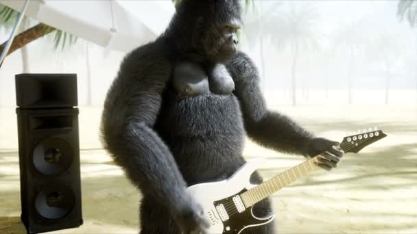 Rolig gorillor och apor spela gitarr och trummor. Rock party på vid havet. Realistisk 4 k animation. — Stockvideo