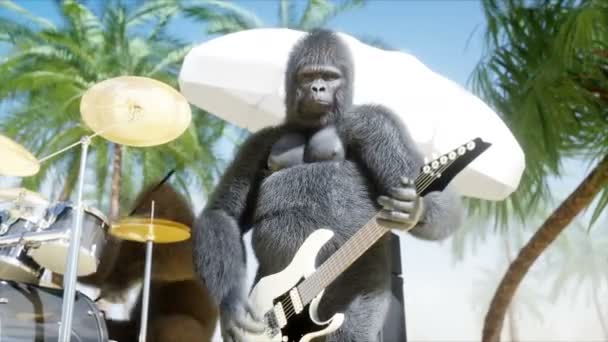 Divertenti gorilla e scimmie suonano la chitarra e la batteria. Festa rock sul mare soleggiato. Animazione 4K realistica . — Video Stock