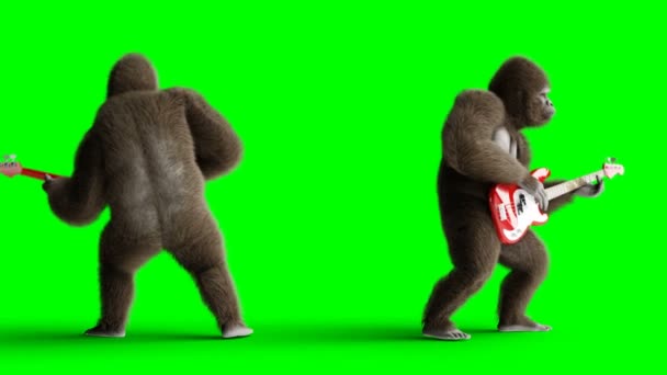 Gorila marrom engraçado tocar a guitarra baixo. Pele super realista e cabelo. Tela verde animação 4K . — Vídeo de Stock