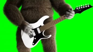 Elektro gitar oyna komik kahverengi gorilla. Süper gerçekçi kürk ve saç. Yeşil ekran 4k animasyon.