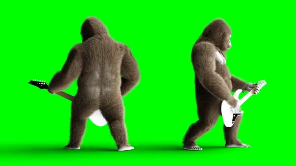 Grappige bruin gorilla spelen de elektrische gitaar. Super realistische bont en haren. Groen scherm 4k animatie. — Stockvideo