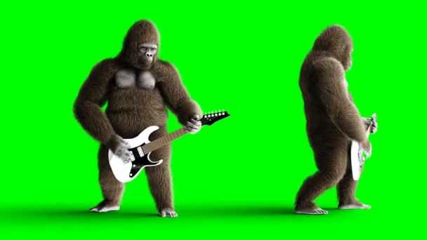 Забавная коричневая горилла играет на электрогитаре. Супер реалистичный мех и волосы. Зеленый экран 4K анимация . — стоковое видео