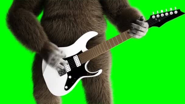 Divertente gorilla marrone suonare la chitarra elettrica. Pelliccia e capelli super realistici. Schermo verde animazione 4K . — Video Stock