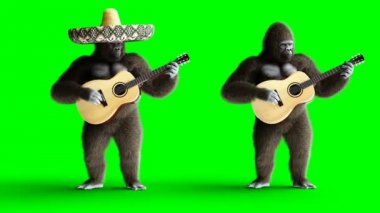 Gitar oyna komik kahverengi gorilla. Süper gerçekçi kürk ve saç. Yeşil ekran 4k animasyon.