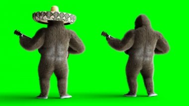 Gitar oyna komik kahverengi gorilla. Süper gerçekçi kürk ve saç. Yeşil ekran 4k animasyon.