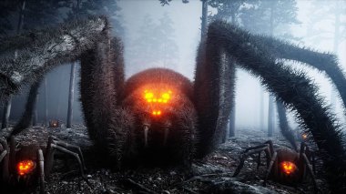 scary gigant spider in fog night forest. Fear and horror. Mistic and halloween concept. 3d rendering. clipart