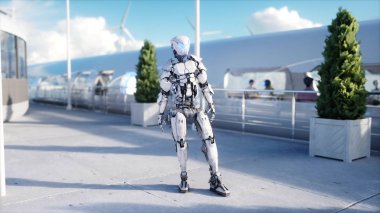 İnsanlar ve robotlar. Sci fi istasyonu. Fütüristik tek raylı taşıma. Gelecek kavramı. 3D render.