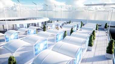 İnsanlar ve robotlar. Sci fi istasyonu. Fütüristik tek raylı taşıma. Gelecek kavramı. 3D render.