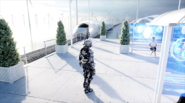 İnsanlar ve robotlar. Sci fi istasyonu. Fütüristik tek raylı taşıma. Gelecek kavramı. 3D render.