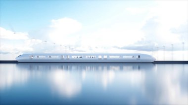 mutlu fütüristik Monoray tren. Sci fi istasyonu. Gelecek kavramı. İnsanlar ve robotlar. Su ve Rüzgar enerji. 3D render.