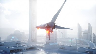 Sci fi gemiyi fütüristik sis şehri ele. Havadan görünümü. Gelecek kavramı. 3D render.