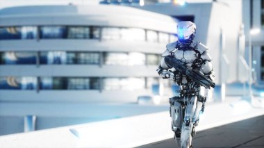 Askeri robot silah yürüme. Fütüristik şehir, kasaba. 3D render.