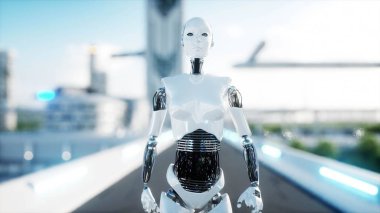 Kadın robot yürüme. Fütüristik şehir, kasaba. İnsanlar ve robotlar. 3D render.