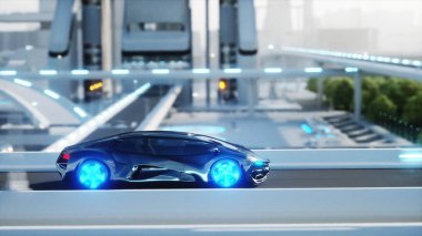 siyah fütüristik elektrikli otomobil sci fi versite, sürüş çok hızlı şehir. Gelecek kavramı. 3D render.