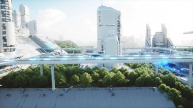 siyah fütüristik elektrikli otomobil sci fi versite, sürüş çok hızlı şehir. Gelecek kavramı. 3D render.