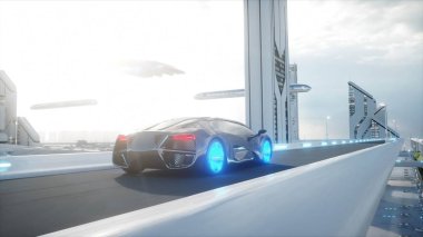 siyah fütüristik elektrikli otomobil sci fi versite, sürüş çok hızlı şehir. Gelecek kavramı. 3D render.