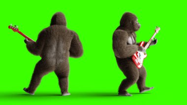 Bas gitar oyna komik kahverengi gorilla. Süper gerçekçi kürk ve saç. Yeşil ekran. 3D render.