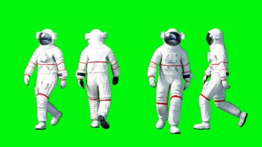 Astronot yürüme. Yeşil ekran. 3D render.