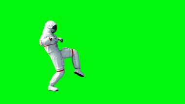 Astronot yürüme. Yeşil ekran. 3D render.