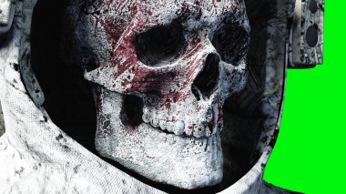 Ölü zombi astronot uzayda. Kadavra. Yeşil ekran. 3D render.