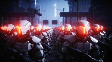 Yürüyen askeri robotlar. Askeri robotların işgali. Dramatik kıyamet süper gerçekçi bir kavram. Geleceğe. 3d oluşturma.