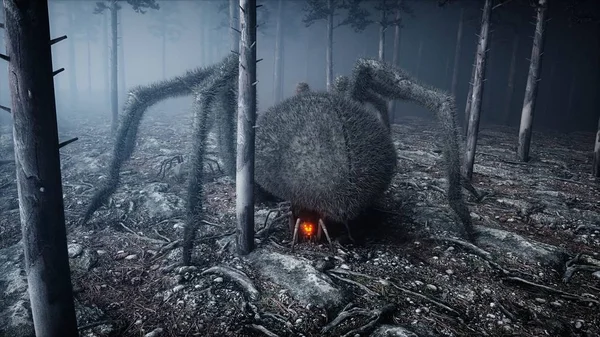 Uma aranha gigante assustadora na floresta nocturna de nevoeiro. Medo e horror. Conceito mistico e halloween. Renderização 3d . — Fotografia de Stock