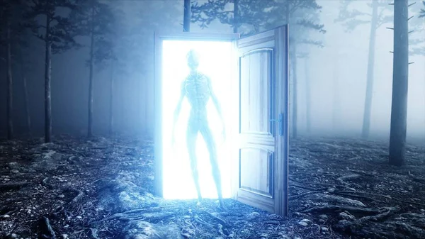 Alien in mist nacht bos. Lichte portal deur. UFO concept. 3D-rendering. — Stockfoto