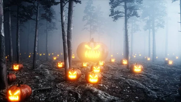 Abóbora gigante assustadora na floresta noturna de nevoeiro. Medo e horror. Conceito mistico e halloween. Renderização 3d . — Fotografia de Stock