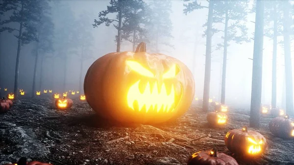 Страшная гигантская тыква в туманном ночном лесу. Страх и ужас. Мистическая и Хэллоуинская концепция. 3d-рендеринг . — стоковое фото