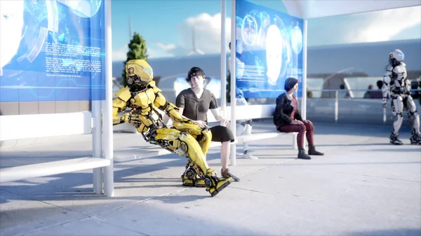 사람과 로봇입니다. Sci fi 역입니다. 미래 모노레일 교통입니다. 미래의 개념입니다. 3 차원 렌더링. — 스톡 사진