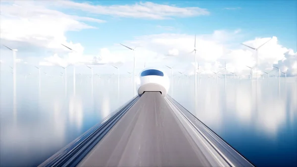 Sebesség-ban futurisztikus egysínű vonat. Sci fi állomás. Koncepciót a jövő. Az emberek és a robotok. Víz- és szélenergia területén. 3D-leképezés. — Stock Fotó
