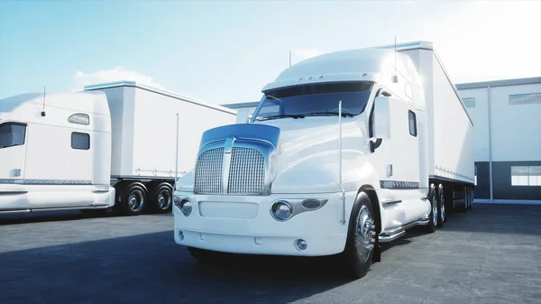 Логистический центр с белой 3D моделью грузовиков. Логистическая, транспортная и деловая концепция. 3d-рендеринг . — стоковое фото