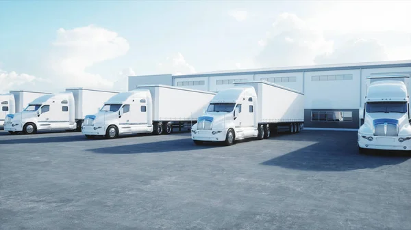 Logistics center with white 3d model of trucks. Logistic, transport and business concept. 3d rendering. — Stock Photo, Image