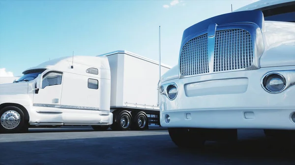 Logistics center with white 3d model of trucks. Logistic, transport and business concept. 3d rendering. — Stock Photo, Image