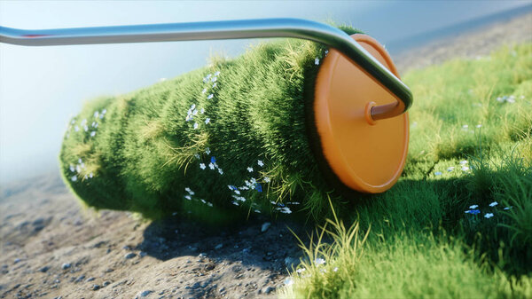 A roll of grass on the earth with butterflies. Brush of grass. Ecology concept. 3d rendering.