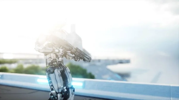 Militaire robot met het pistool lopen. Futuristische stad, stad. 3D-rendering. — Stockfoto