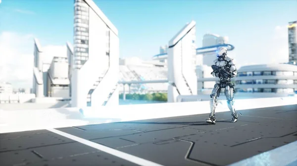 Robot militaire avec pistolet marche. Ville futuriste, ville. Rendu 3d . — Photo