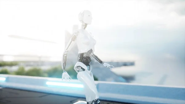 Θηλυκό ρομπότ με τα πόδια. Φουτουριστική πόλη, πόλη. Οι άνθρωποι και τα ρομπότ. 3D rendering. — Φωτογραφία Αρχείου