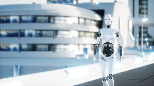 Instruktorka a chůzi. Futuristické město, město. Lidé a roboti. 3D vykreslování. — Stock fotografie