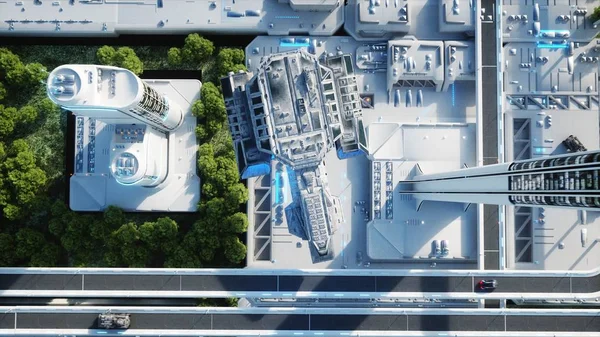 Футуристичне місто, місто. Концепція майбутнього. Вид з повітря. 3D візуалізація . — стокове фото