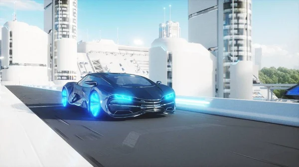 Чорний футуристичний електричний автомобіль дуже швидке водіння в науковому містечку. Концепція майбутнього. 3D візуалізація . — стокове фото