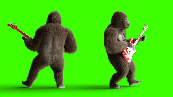 Der lustige braune Gorilla spielt die Bassgitarre. super realistisches Fell und Haare. Green Screen. 3D-Darstellung. — Stockfoto