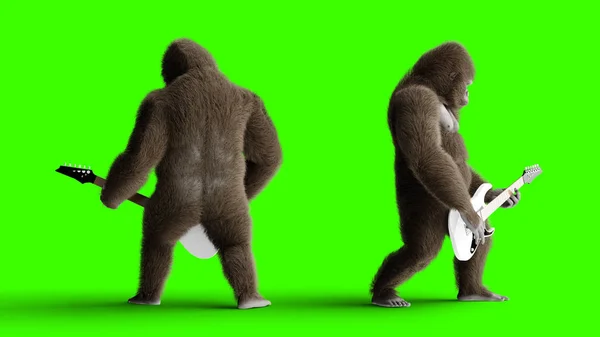 Divertente gorilla marrone suonare la chitarra elettrica. Pelliccia e capelli super realistici. Schermo verde. rendering 3d . — Foto Stock