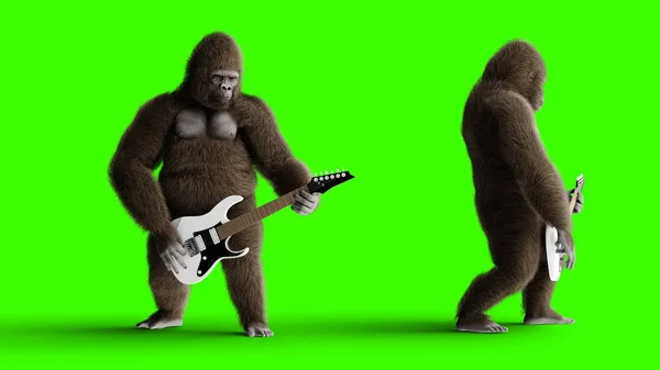 Lustige braune Gorillas spielen E-Gitarre. super realistisches Fell und Haare. Green Screen. 3D-Darstellung. — Stockfoto