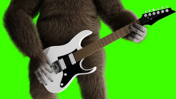O gorila castanho engraçado toca guitarra eléctrica. Pele super realista e cabelo. Tela verde. Renderização 3d . — Fotografia de Stock