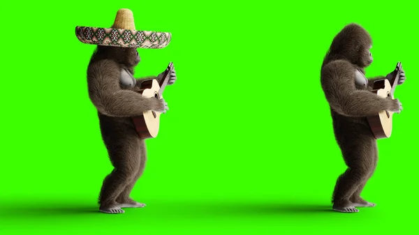 Забавная коричневая горилла играет на гитаре. Супер реалистичный мех и волосы. Зеленый экран. 3d-рендеринг . — стоковое фото