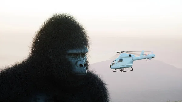 Gorilla gigante ed elicottero nella giungla. Animale preistorico e mostro. Pelliccia realistica. rendering 3d. — Foto Stock